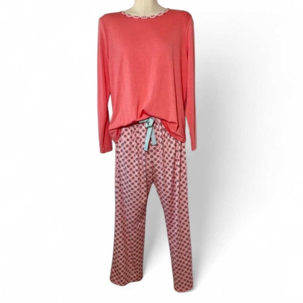 Lands' End Women’s Pajama Set L Pink Coral Long Sleeve Stretch Sleepwear